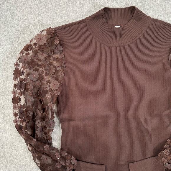 Cato Brown Ribbed Mock Neck Embellished Flower Blouse Women's XL Puff Sleeve - Picture 3 of 9